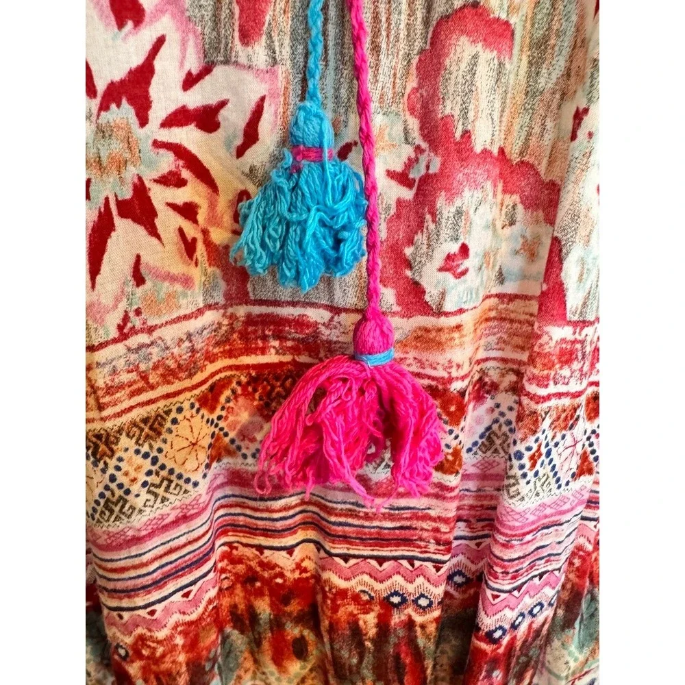 Bohemian Pink Floral Tassel Hem Sleeveless Tunic Top Mini Dress xS